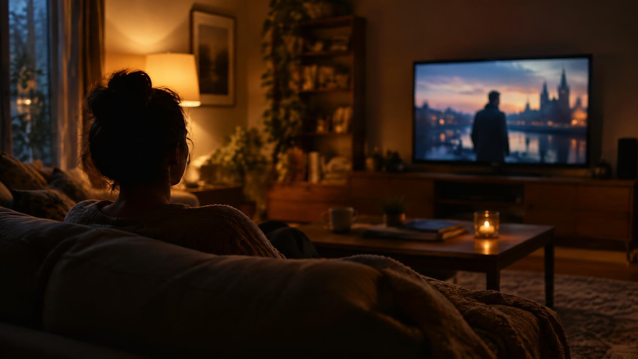 Person sitting alone watching a screen in a dim living room