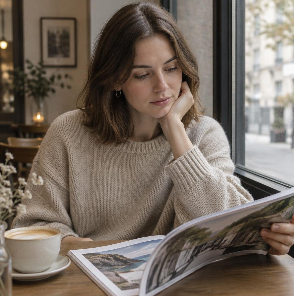 Thoughtful young woman reading a printed magazine in a quiet cafe