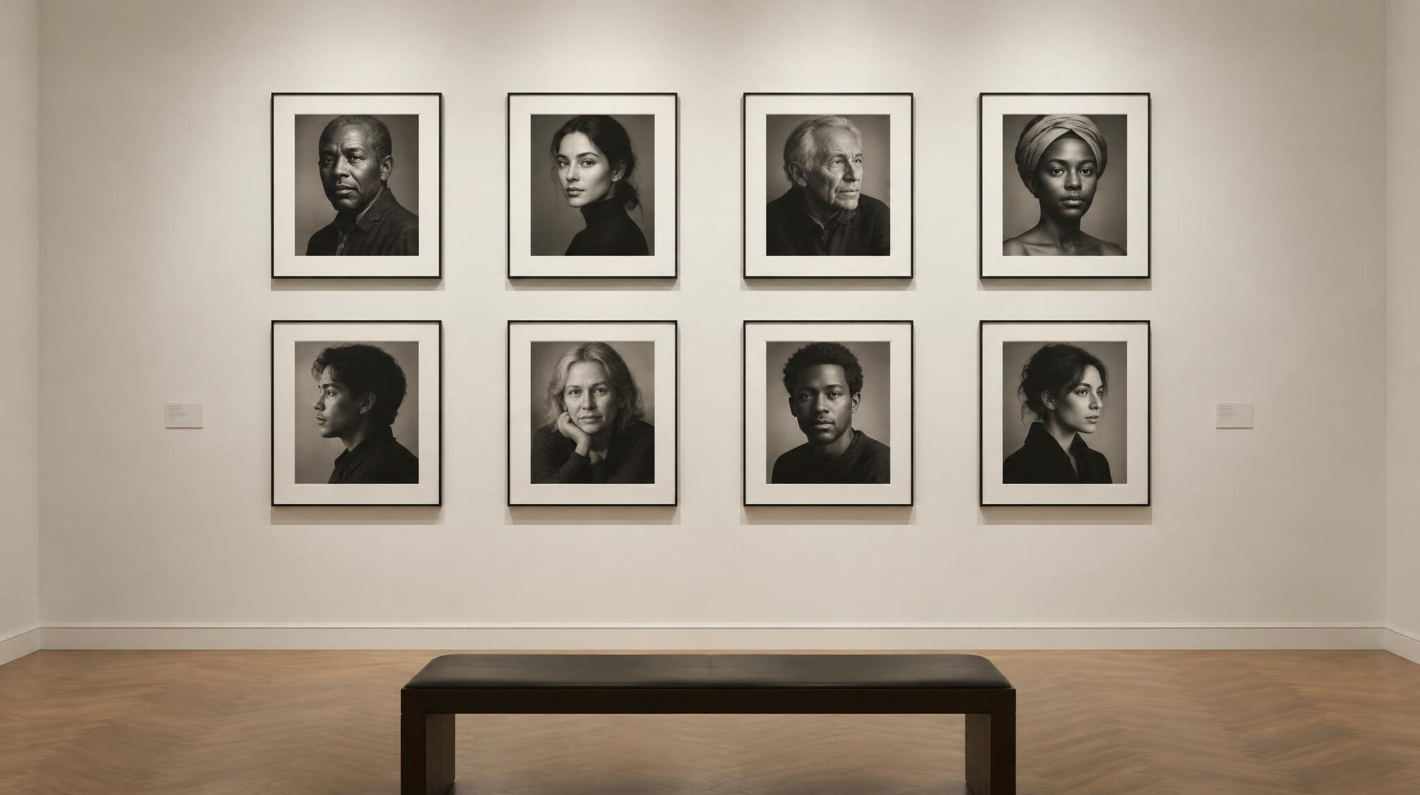 Wall of framed black and white photographs in a gallery