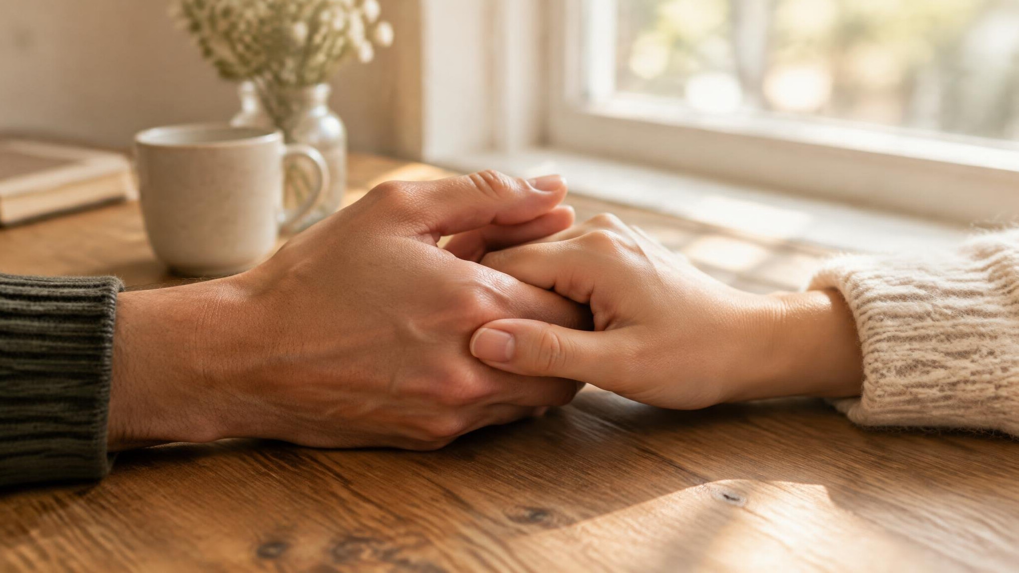 Two hands holding each other near a window with soft light